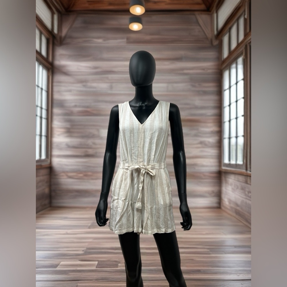 LOFT 1-PIECE ROMPER  Beige & Ivory Striped  Linen‎ Blend Sleeveless  SIZE 4